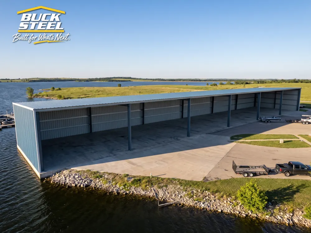 Buck Steel three-sided boat storage building on the water