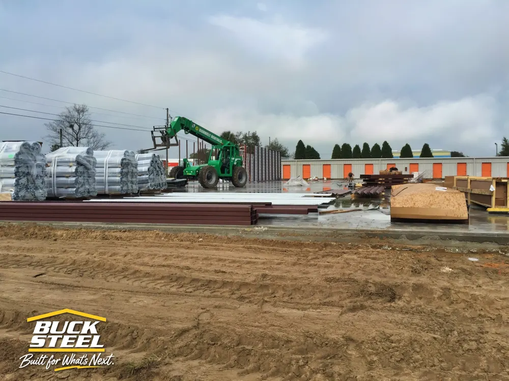 Buck Steel storage building kit delivered to the jobsite