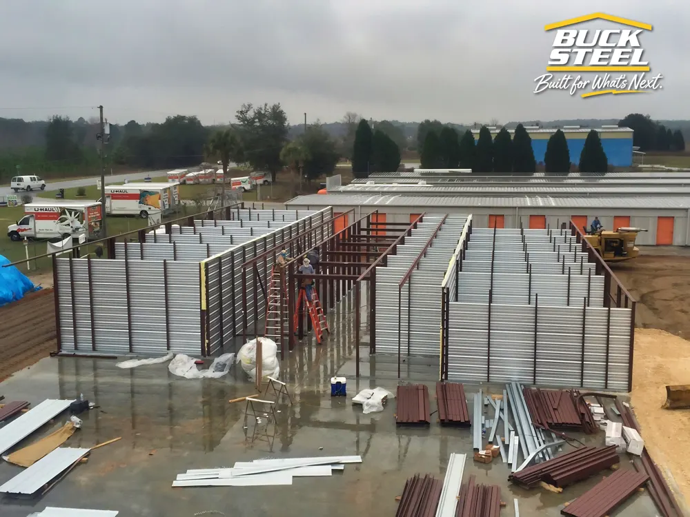 Buck Steel storage building under construction showing partition walls