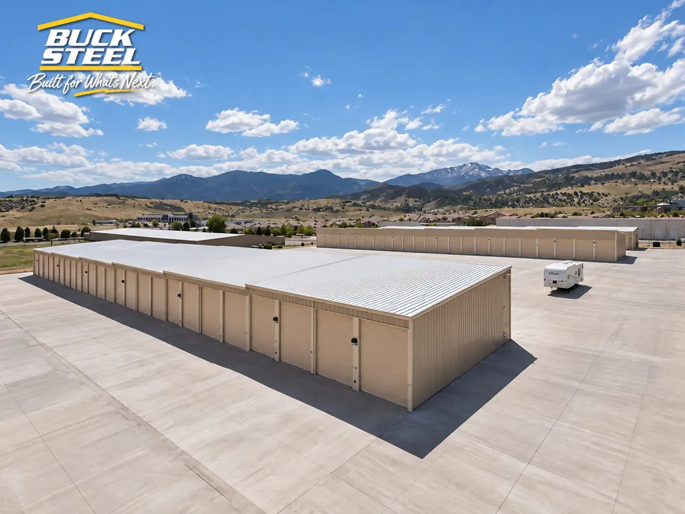 Buck Steel storage buildings with mountain backdrop