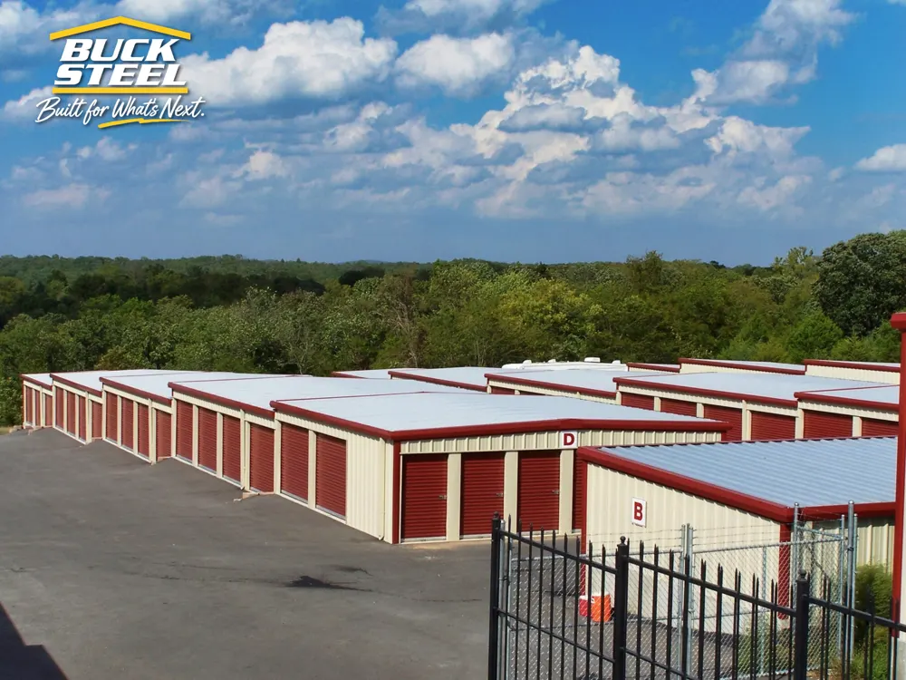 Aerial view of a Buck Steel mini storage facility with red doors